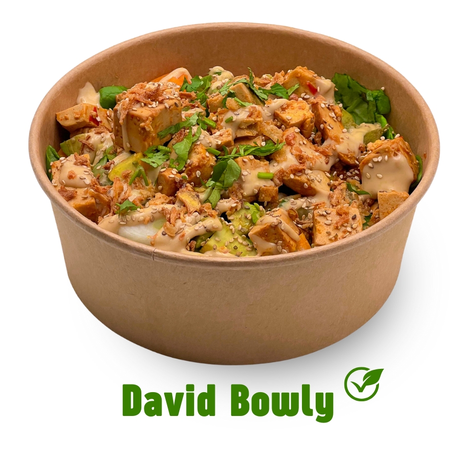 Sushi-Reis, marinierter Tofu, Ponzu, Süßkartoffeln, Baby-Spinat, Avocado, Jungzwiebeln, Edamame, Gurke, Roasted Sesame Sauce, Sesam, Röstzwiebel, Koriander [A, F, N, M] | € 12,40